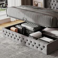 Upholstered Bed In An Ear Shape. Double Row Of Flannel Rivets, Buttoned Seams At The Head And Foot Of The Bed, Double Bed 140*200. Functional Hydraulic Bed. The Slatted Base Is Covered In Black, Stain-Resistant Fleece, Grey. - Grey - View 7