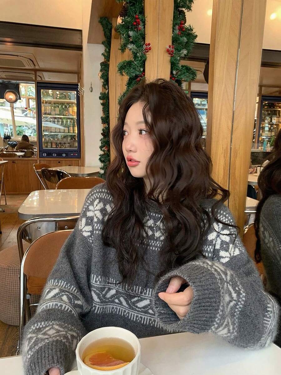 复古圣诞系列费尔岛毛衣设计撞色女式毛衣 - 灰色 - 查看 1