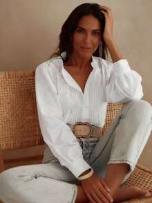 Fashionable Solid-Color Casual Polyester Button Embroidery Patchwork White Women's Long-Sleeved Shirt,Suitable For All-Season Home Daily Commuting Spring - White - View 3