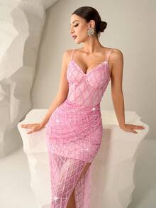 Đầm dạ hội Astony One màu hồng đính sequin thanh lịch, đầm maxi cúp ngực xẻ tà gợi cảm bằng vải lưới xuyên thấu, hoàn hảo cho tiệc năm mới, ngày Valentine, lễ hội hóa trang, lễ hội âm nhạc, tiệc đính hôn, thảm đỏ, lễ tốt nghiệp, tiệc chào mừng và các sự kiện cocktail. - Hồng - Xem 7