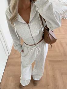 女士卫衣两件套秋冬运动街头连帽衫开衫外套宽松阔腿裤套装 - 灰色 - 查看 1