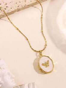 1pc Elegant Vintage Fashion Unique Golden Openable White Pearl Butterfly Pendant Necklace, Suitable For Daily Commute Wear And Women's Jewelry Matching