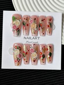 Coffin Nails French Press-On Nails With 3D Hand-Painted Floral Art, Crystal Rhinestones & Gold Glitter Designs, Multicolor DIY Glossy Artificial Full-Cover Nail Set, 10pcs/Bag - Multicolor - View 6