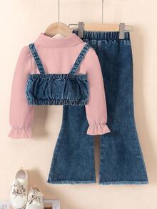 3pcs/Set Girls Solid Color Long Sleeve Shirt + Fashionable Denim Suspender Vest + Fashionable Studded Denim Pants - Pink - View 3