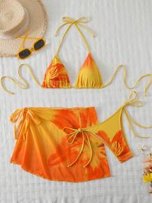 Bộ bikini nữ 3 món in họa tiết hoa ombre, dây bikini có thể điều chỉnh, quần bikini buộc dây bên hông, thiết kế váy sarong che phủ cao, thích hợp mặc đi biển và dự tiệc trong kỳ nghỉ hè. - Đỏ và vàng - Xem 1