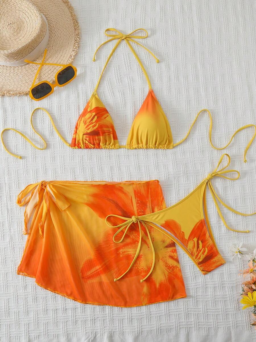 Bộ bikini nữ 3 món in họa tiết hoa ombre, dây bikini có thể điều chỉnh, quần bikini buộc dây bên hông, thiết kế váy sarong che phủ cao, thích hợp mặc đi biển và dự tiệc trong kỳ nghỉ hè. - Đỏ và vàng - Xem 1