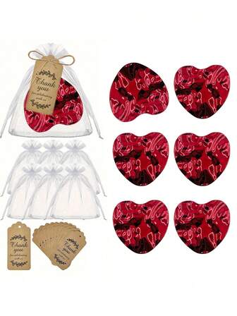 15pcs/Set Wedding Favours Transparent Organza Bags + Heart-Shaped Pink Folding Mirror + Thank You Card Wedding Celebrations, Parties, Birthdays, Christenings, Anniversary Gifts Gift Bag Set