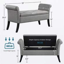 Butterslay 1pc Modern Tufted Storage Bench With Rubebr Wood Legs, Fabric Shoes Stool With Rolled Arms, For Entryway, Shop, Bar - Light Gray - View 6