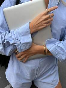 Spring To Summer Minimalist Women's Casual Blue Long Sleeve Woven Jumpsuit, Road Trip Carnival Outfit, Shirt Collar Button Front Short Jumpsuit - Blue - View 4