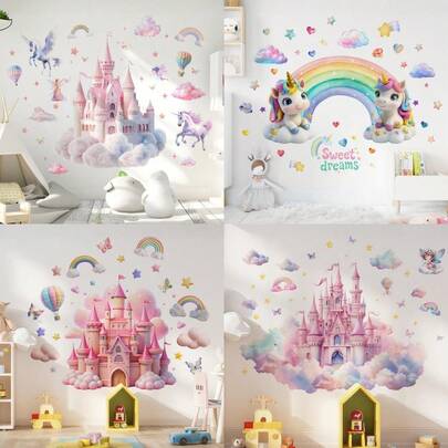1pc Cute Cartoon Rainbow Castle Wall Stickers For Girls, Peel And Stick Wall Art Decals Unicorn Fairy Butterfly Cloud Room Decor Wall Decals For Nursery Girls Bedroom Toddler Room Playroom Decor