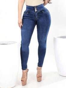 Quần jeans nữ cạp cao, co giãn tốt, có cúc cài, kiểu dáng yoga, màu trơn, thích hợp mặc thường ngày. - Màu xanh đậm - Xem 4