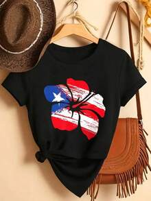 Women's Puerto Rico Flag And Hibiscus Flower Print T-Shirt - 180g Heavy Cotton Loose Short Sleeve Round Neck Casual Top, Suitable For All Seasons, Outdoor Travel And Puerto Rican Cultural Clothing, Machine Washable, Holiday And Daily Use Gift, Bright Red, White And Design, Suitable For Weekend Wear, With Floral And Flag Patterns, Suitable For All Seasons And Gift Giving - Black - View 5