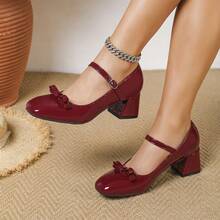 Women's Bow Mary Jane Flats, PU Leather Mary Jane Shoes For All Seasons - Burgundy - View 5