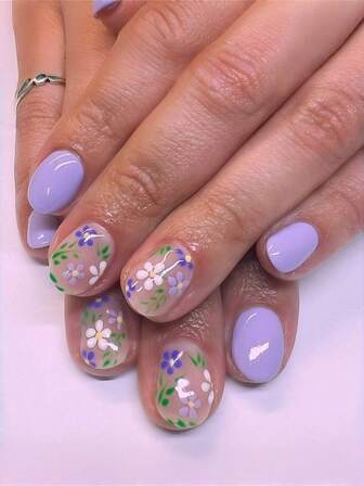 Spring Nail Set: 24 Sets Of Short Square Nail Stickers - Purple Flowers, White Drawing Patterns. Short Square Acrylic Fake Nails, Very Suitable For Daily And Date Wear For Girls.