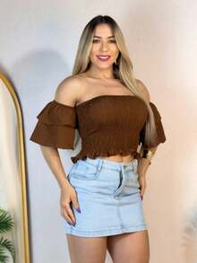 Simple Ruffle Hem Pleated Gathered - Rust Brown - View 2