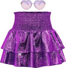 Metallic Sequin Sparkly Skirts 2-Layer Ruffle Skirts With Sunglasses Elastic High Waist -Dance - 紫色 - 查看 6