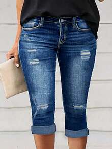 Plus Size Women's Cuffed Distressed Denim Jeans, Suitable For Work And Casual Occasions Summer - Blue - View 1