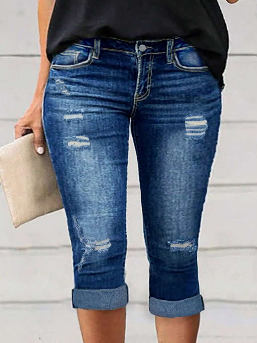 Plus Size Women's Cuffed Distressed Denim Jeans, Suitable For Work And Casual Occasions Summer - Blue - View 1