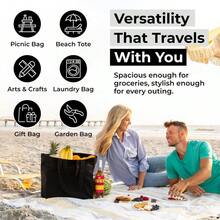 Canvas Grocery Bag 3pc XL Set With Real Pockets, Long Shoulder Strap And Short Handle. Heavy Duty, Foldable, Washable - Black - View 12