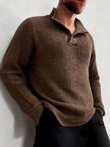 Men's Casual Solid Color Stand Collar Long Sleeve Sweater, Versatile For Autumn/Winter - Brown - View 1
