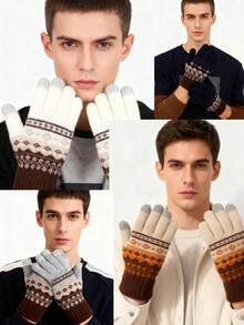 1pair These Men's Knitted Touchscreen Gloves With Retro Patterns Come In Multiple Color Combinations, Offering Both Warmth And Functionality, Making Them Ideal Fashion-Forward Winter Accessories - Multicolor - View 1