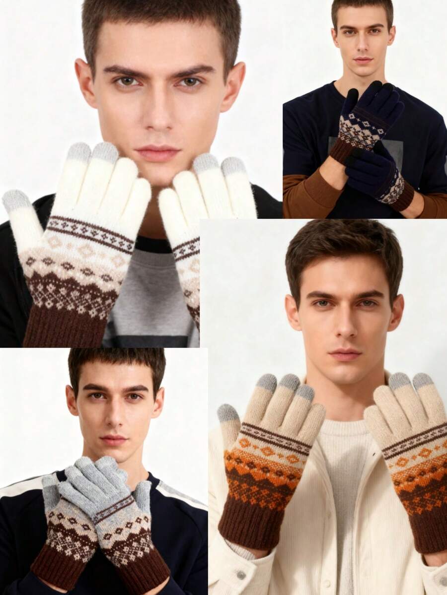 1pair These Men's Knitted Touchscreen Gloves With Retro Patterns Come In Multiple Color Combinations, Offering Both Warmth And Functionality, Making Them Ideal Fashion-Forward Winter Accessories - Multicolor - View 1