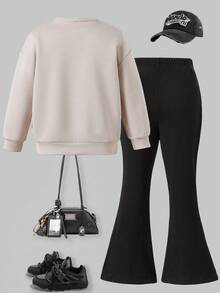 2pcs/Set Pakaian Anak Perempuan Modis: Sweatshirt Lengan Panjang Berkerut dengan Pita dan Celana Panjang Model Lebar, Musim Semi/Gugur - Hitam - View 2