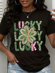 Lucky Lucky Lucky Shamrock St Patrick's Day T-Shirt Women's White Graphic Tee Festive Clover Design For Saint Patrick's Day Celebration - màu đen - Xem 1