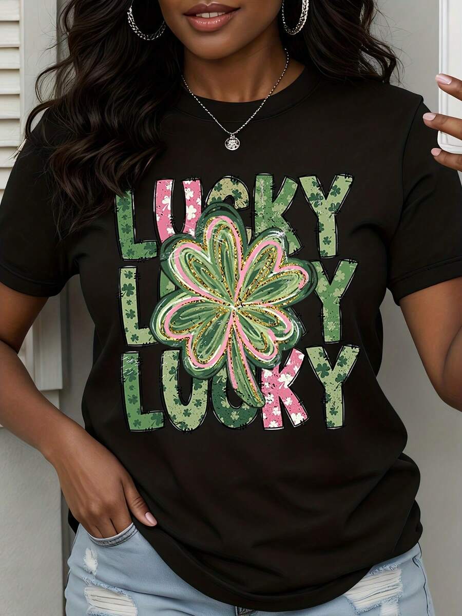 Lucky Lucky Lucky Shamrock St Patrick's Day T-Shirt Women's White Graphic Tee Festive Clover Design For Saint Patrick's Day Celebration - màu đen - Xem 1