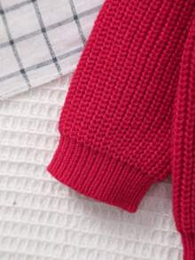 Unisex Baby Classic Solid Color Crew Neck Knit Sweater Top, Crew Neck Design, Solid Color Design, Solid Color More Suitable For Handmade Embroidery By Mothers, Add Some Elements Mothers Like, Suitable For Casual Wear Or Layering - Red - View 3