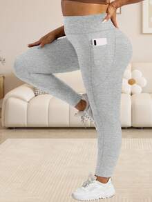 Quần legging bó sát cạp cao cỡ lớn dành cho nữ - Không xuyên thấu, ôm bụng, thích hợp cho đạp xe, tập yoga, có túi, cỡ thường và cỡ lớn, mùa xuân. - Màu Xám nhạt - Xem 4