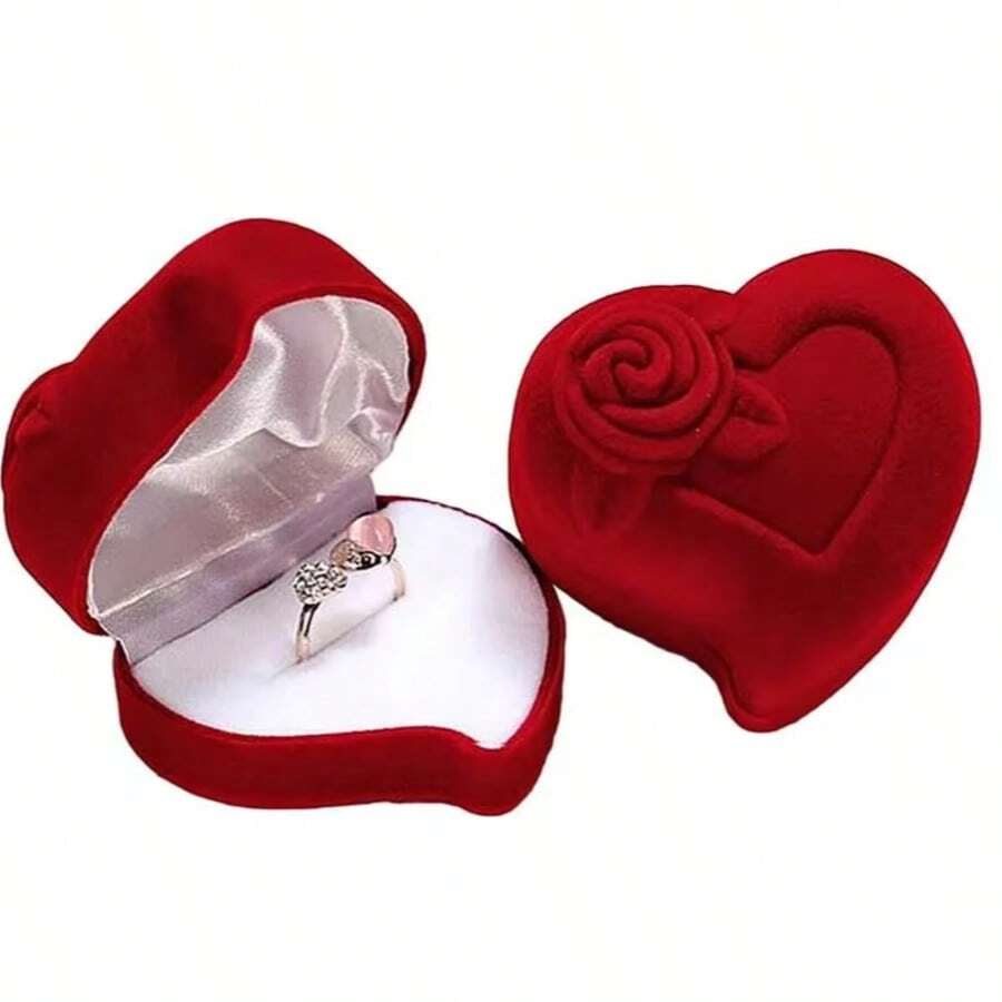 1pc Valentine's Day Red Heart Rose Flower Ring Box, Flocked Proposal Ring Box, Wedding Heart Couple Ring Box, Suitable For Holiday Anniversary Wedding Proposal Jewelry Box