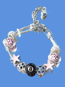 1条黑色8球吊坠手链，复古美式街头风星星手链，复古心形星星手链 - 粉色 - 查看 14