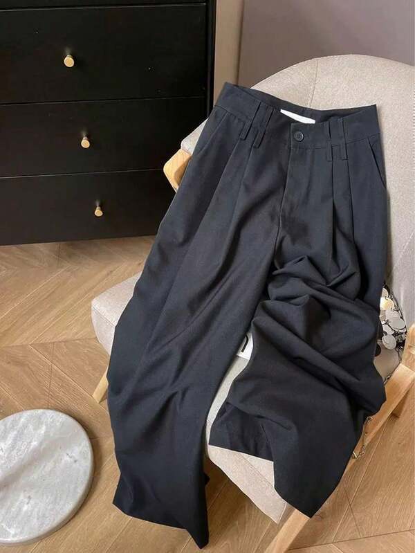 SMILE CHIC Women's Commuter Casual Wide Leg Pants, Loose Stylish Solid Color Unique Waistband Design, Suitable For Office And Daily Wear