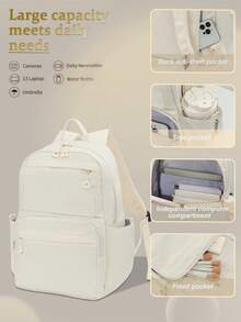 1 PC Solid White Commuting Versatile And Portable Back To School High-End Feeling Popularized Backpack,Multifunctional And Large Capacity Fashionable And Casual Large Capacity Portable Zipper School Bags,Travel Storage Stationery Storage,Vacation Essentials Satchel, For Headphones,Charger,Lipsticks,Cosmetics,Perfume,Skin Care And Beauty Products,For Nurses,Students,Keys,Holiday Gifts - 白色 - 查看 8