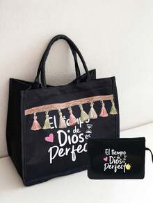 2pcs Black Linen Set With Handle Rope, Colorful Letter Print Pattern, Personalized Gift Suitable For Wedding Anniversary And Friend's Birthday; Women's Fashion Canvas Tote Bag With Button, Thick Linen Bag, Essential For Shopping; Portable Full-Size Work Bag, Suitable For Work, Shopping, Shoulder Carry, Unisex, Perfect Gift, Daily Necessity, Christmas Gift, Ideal Birthday/Christmas/Anniversary Present, Small Gift Exchange