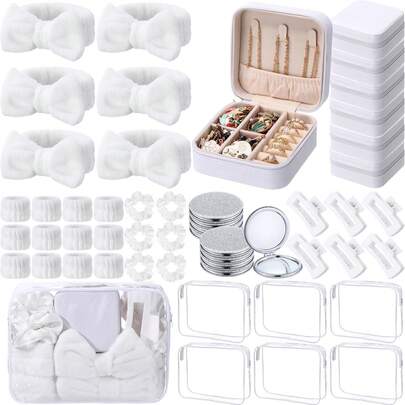 Set de 8 piezas de recuerdos para fiesta de spa para niñas, suministros para fiesta de pijamas rosa, incluye diadema con moño, muñequera, scrunchie, pinza para el cabello, estuche de joyería, bolsa de maquillaje y espejo, regalos de regreso para damas de honor