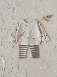 2件套女婴花卉刺绣长袖套头衫+弹力条纹裤，春秋季 - 杏色 - 查看 7