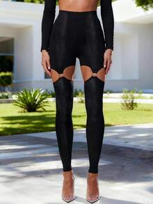 Fashionable Skinny Shiny Elastic Hollow Circle Waist Leggings, Cropped Sports Pants Black Spring - Black - View 5