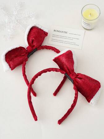 2pcs Christmas Headband With Red & White Plush Bow, Suitable For Winter, New Year, Christmas Photo Props, New Year Costume Accessories, Holiday Party Carnival Performance, Hair Band, Hair Hoop