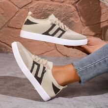 Elastic Knit Upper Outdoor Sports Shoes, Flat Bottom Breathable Sweat-Absorbing Contrasting Color Low-Top Women's Shoes, Convenient Stretch Shoelaces, Easy To Put On/Take Off, Round Toe Flat Sole Shoes, Suitable For All-Day Comfortable Outdoor Wear - Coffee Brown - View 9