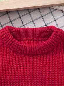 Unisex Baby Classic Solid Color Crew Neck Knit Sweater Top, Crew Neck Design, Solid Color Design, Solid Color More Suitable For Handmade Embroidery By Mothers, Add Some Elements Mothers Like, Suitable For Casual Wear Or Layering - Red - View 2