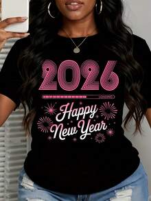 2026 Happy New Year Loading Pink Graphic T-Shirt Women's Casual Celebration Shirt - màu đen - Xem 2
