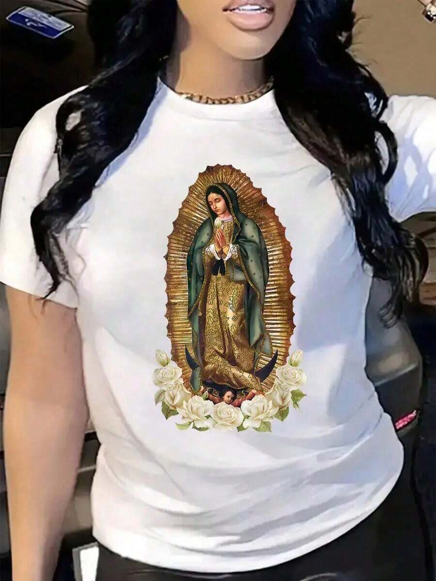 Camiseta mujer casual estampado Virgen de Guadalupe flores colores oscuros holgada cuello redondo manga corta primavera verano diaria - Blanco - Ver 1