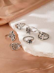 Bộ 6 nhẫn xếp chồng hình bướm, trái tim, thánh giá cổ điển dành cho nữ, trang sức hàng ngày - Màu Bạc Cổ - Xem 5