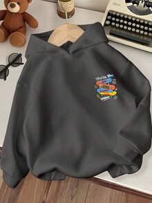 Young Boy Cartoon Pattern Warm Sweatshirt - Dark Grey - View 2