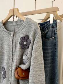Vintage Solid Color Handmade Applique Front Button Cardigan Sweater, Gray Round Neck Knit Top For Daily Wear, Autumn/Winter - Grey - View 3
