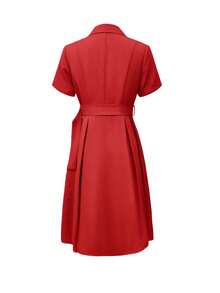 Elegant Minimalist Chic Short Sleeve A-Line Dress With Collared Neck And Matching Waist Belt, Suitable For Commuting, Weddings, Events, Formal Occasions, Vacations, And Graduations - Red - View 4