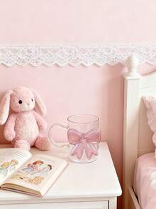 1pc INS Style Bow & Heart Print Glass Cup, Asymmetric Handle Water Mug, Home Afternoon Tea Coffee Cup, Juice Cold Drink Cup, Breakfast Milk Cup, Yogurt Oatmeal Cup, Holiday Gift Cup, Great Gift For Friends And Family, Valentine's Day Gift, Back To School Gift - Multicolor - View 2