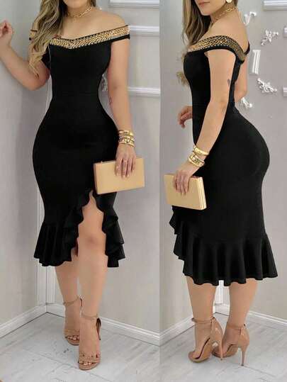 Vestido negro elegante y ceñido, sin mangas y con diseño de espalda descubierta, con plisados en la confección, adecuado para uso en fiestas, perfecto para eventos de primavera/verano, fabricado en mezcla de poliéster lavable a máquina, de ajuste ceñido, decorado con ribete de lentejuelas.